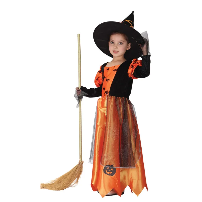 

Kids Child Orange Bat Pumpkin Witch Girl Sorceress Costume for Girls Halloween Purim Carnival Party Masquerade Mardi Gras Dress