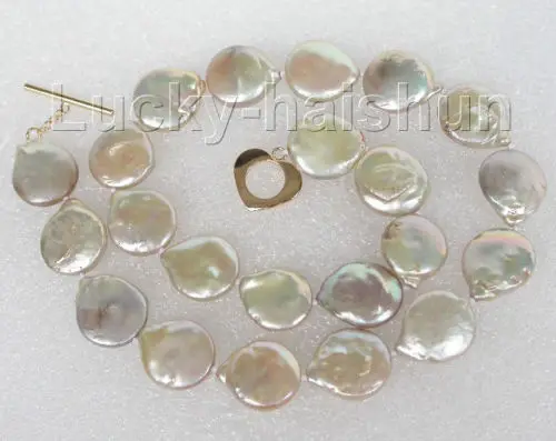 

shipping natural 17" 15mm light champagne coin fastener pearls necklace j8733