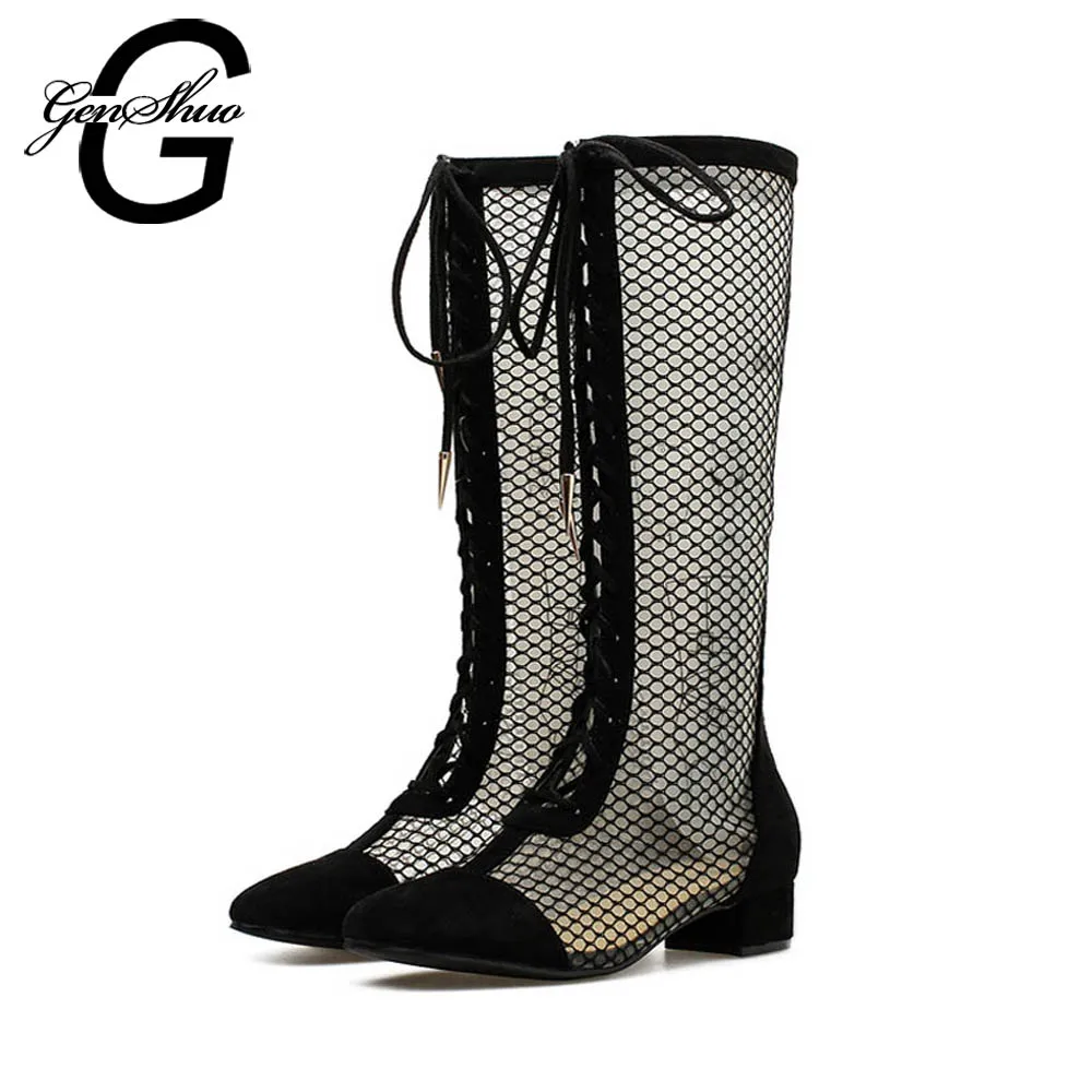 

GENSHUO Summer New Women Boots Sexy Air Mesh Lace-up Mid-calf Boots Round Toe Square Heel Breathable Female High Heels Boots