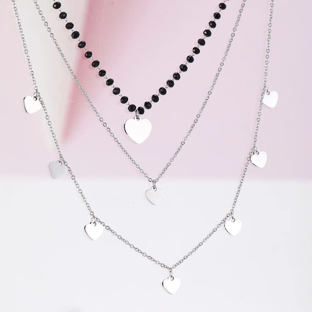 

Women Multilayer Black Crystal Heart Charms Necklace Chains Choker Necklace Stainless Steel Bijoux Collier Jewelry 2019 Trendy