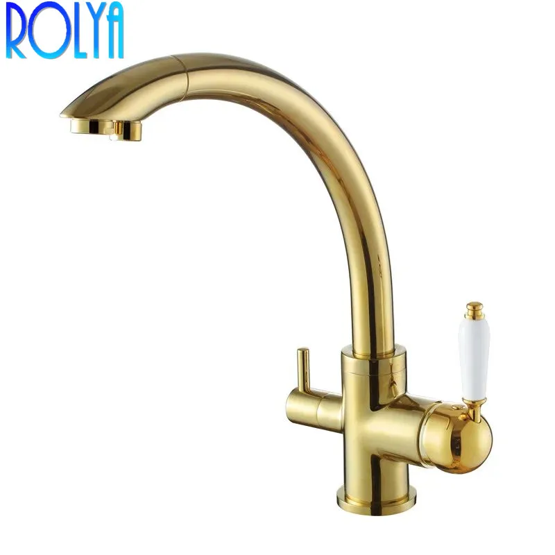 

Rolya Wholesale New Arrival Victoria Golden Tri Flow Kitchen Faucet Purified Water 3 Way Water Filter Tap