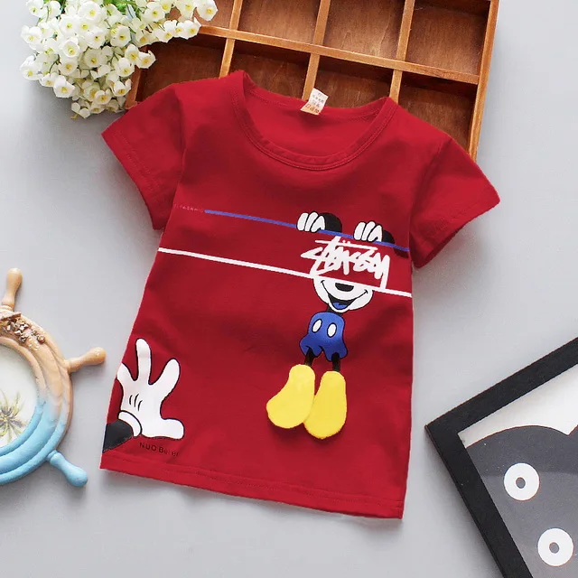 Детская футболка для мальчиков и девочек хлопковая футболка с короткими рукавами детская футболка для мальчиков серого и красного цвета с рисунком детская одежда - Цвет: Mouse-R