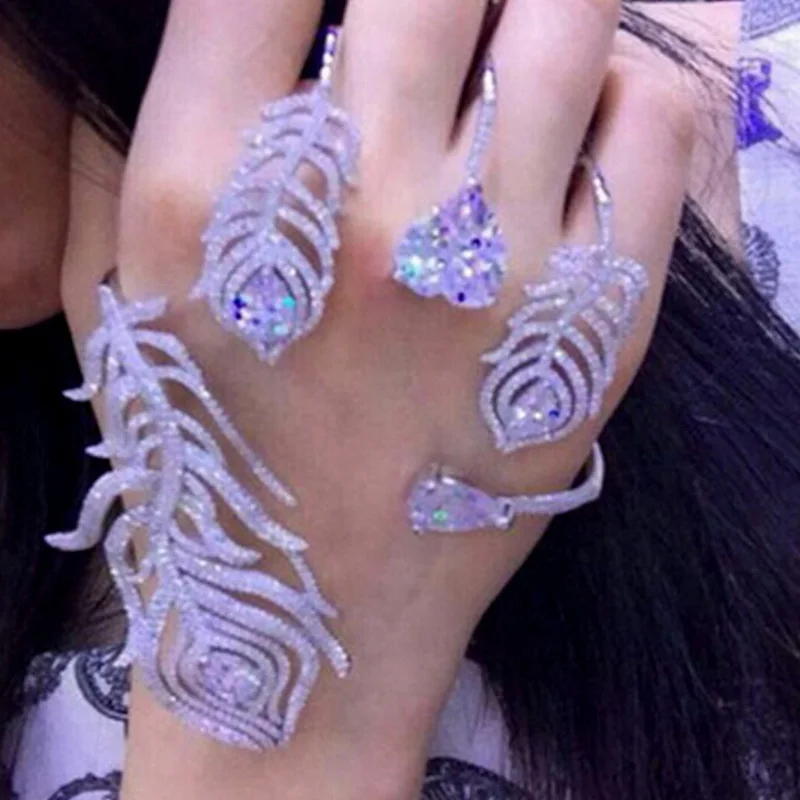 

Luxury Crystal silver feather bangle Palm Bracelet Women Girl White Gold Color Hand Cuff Fashion Shiny Rhinestone Bangle Jewelry