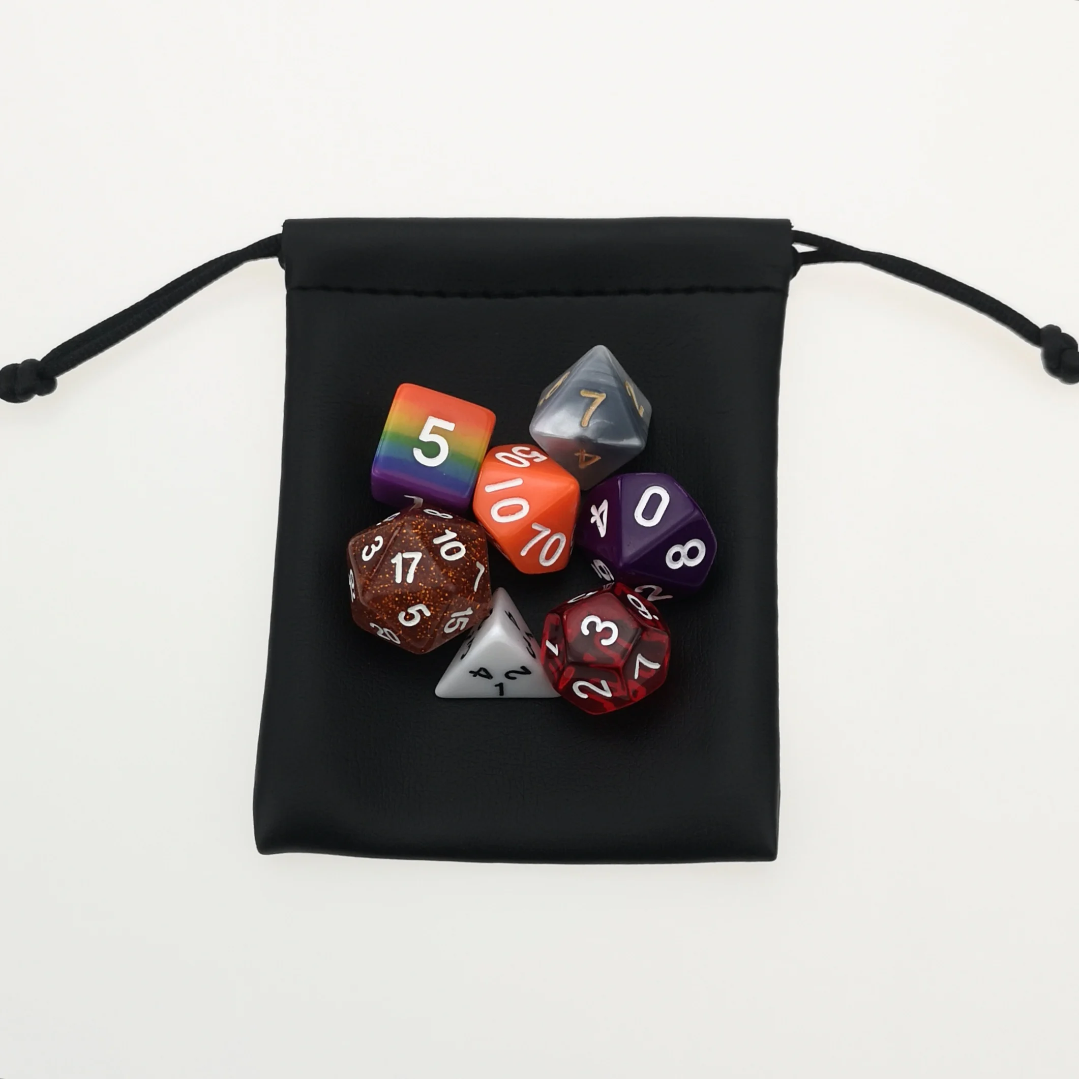 

Rollooo Misfit Dice Set of 7 & Leather Pouch D4 D6 D8 D10 D% D12 D20 in Random Colors for Chaos Mage