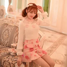 Принцесса сладкий Лолита белый свитер конфеты дождь цветок кружева украшение воротник-стойка с вышивкой японский дизайн C16CD6116