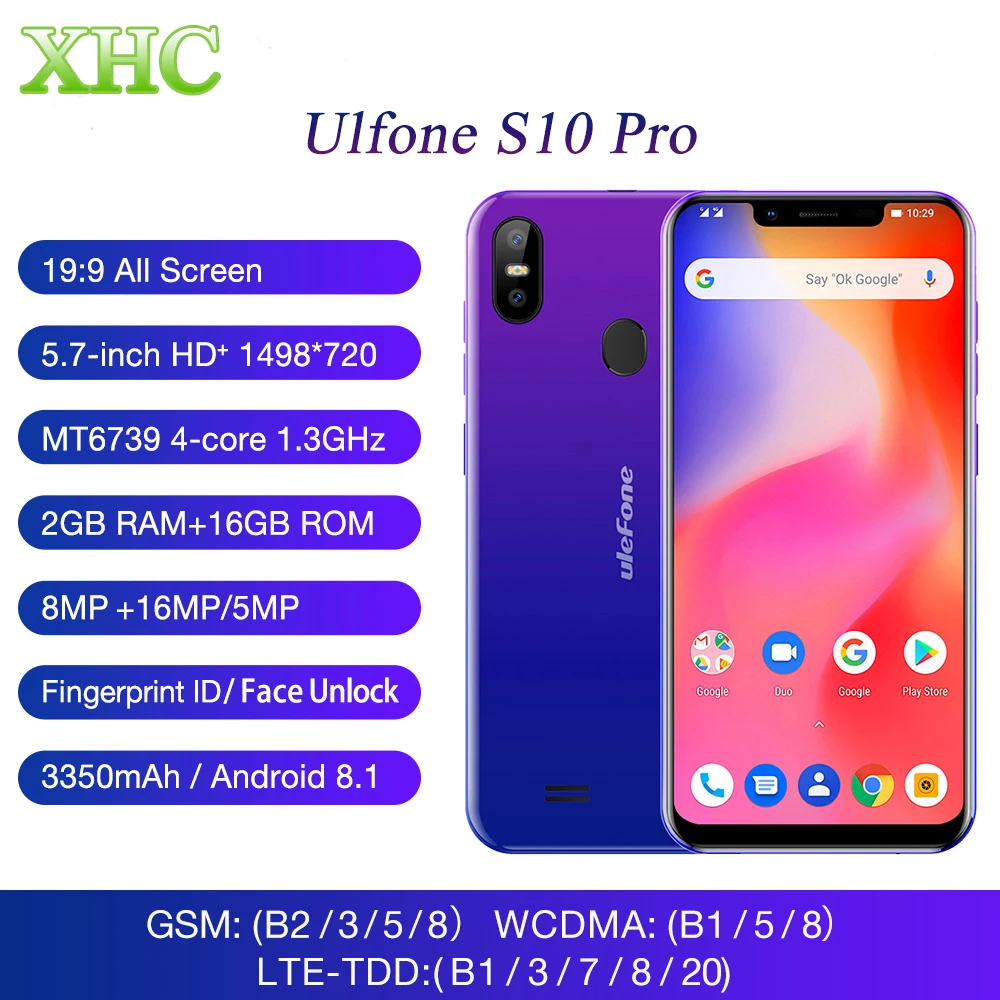 Ulefone S10 Pro Android 8.1 Smartphone 5.7'' RAM 2GB ROM 16GB MT6739WA Quad Core Dual SIM Face Unlocked OTG LTE 4G Mobile Phone