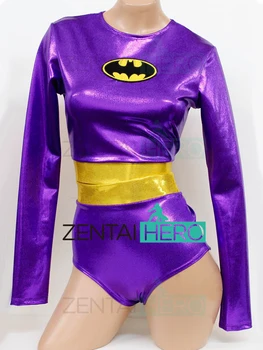 

Free Shipping Two Pieces Purple Batgirl Cosplay Costume Batman Shiny Metallic Purple Batwoman Superhero Costume Leotard Bodysuit