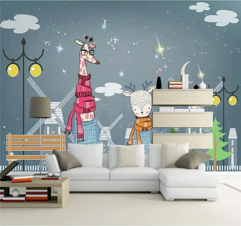 Custom wallpaper refreshing blue simple giraffe elk modern minimalist Nordic background wall - silk waterproof material Custom wallpaper refreshing blue simple giraffe elk modern minimalist Nordic background wall - silk waterproof material