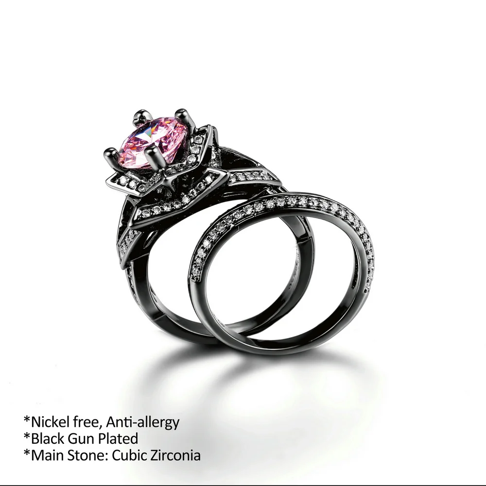 Double Fair Cubic Zirconia Pink Crystal Rings Sets Black Gold Color Engagement / Wedding Ring Sets Fashion Women Jewelry DFR618