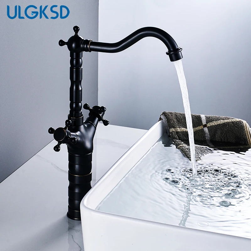 

ULGKSD Basin Faucet Dual Handles Bronze Brass Counter-top Hot and Cold Mixer Tap Deck Mount Para Bathroom Sink Faucets
