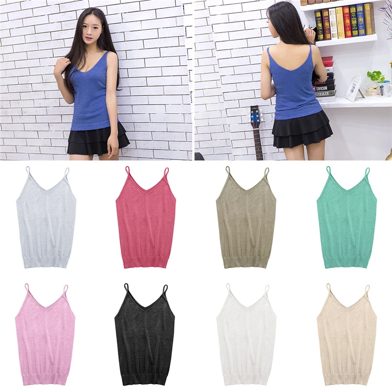 

2017 Glittering Knitted Women Camisole Vest Stretchable V Neck Slim Sexy Strappy Tank Tops