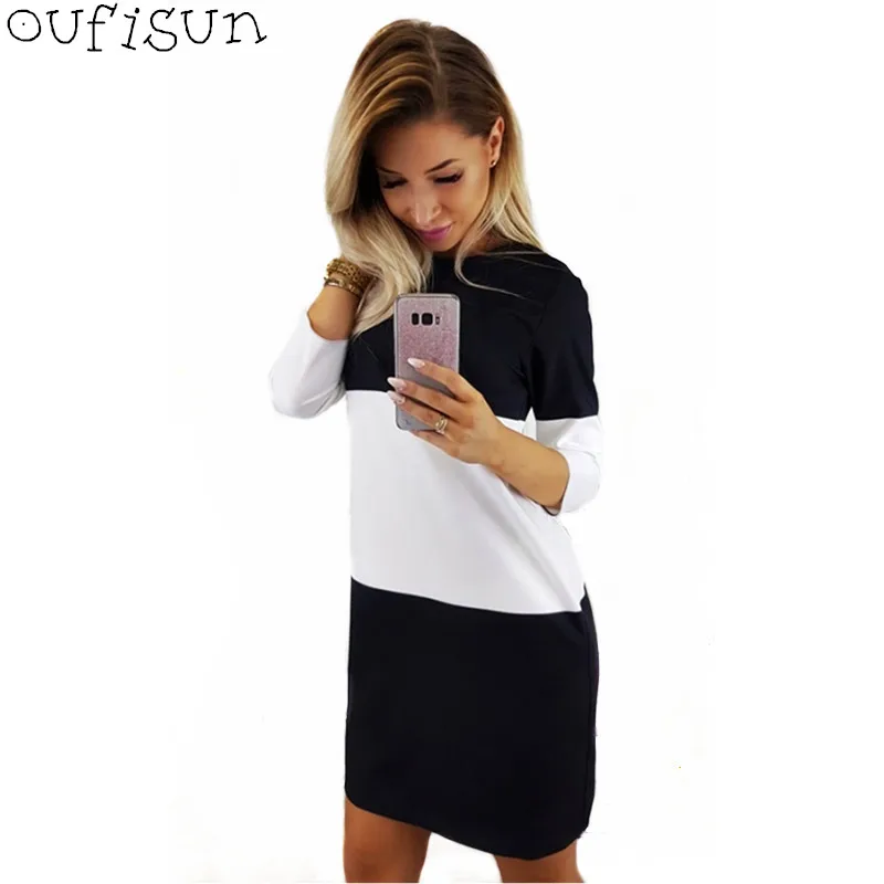 

Oufisun Summer White Black Patchwork Women's Dress 2019 Casual O-Neck Elegant Dresses Fashion Straight Party Short Dress Vestido