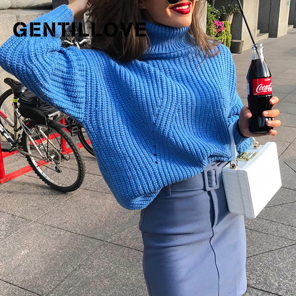

Gentillove Winter Women Oversize Turtleneck Blue Sweater Female Solid Knitted Pullover Warm Basic Loose Sweaters 2019 Fashion