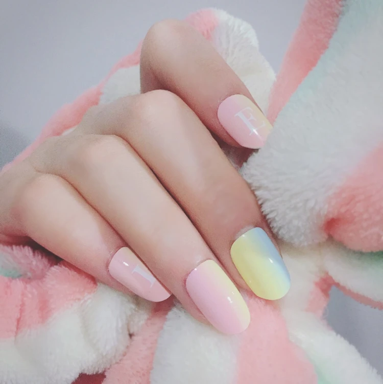 

New 24 pieces High quality Rainbow Gradient Color 3D DIY Plastic Art Short Fake false Sticker Nail Tips With Glue Gel [N3035]