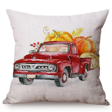 Red Vintage Car Pumpkin Autumn Harvest Thanksgiving Decorative Cushion Cover Watercolor Art Cotton Linen Sofa Throw Pillow Cover K121-4