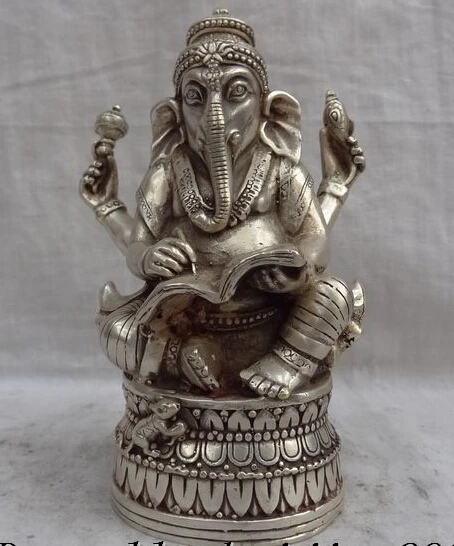 

JP S0610 Tibet Silver Buddhist 4 Arms Ganapati Ganesh Lord Brass Ganesha Buddha Statue (B0328)