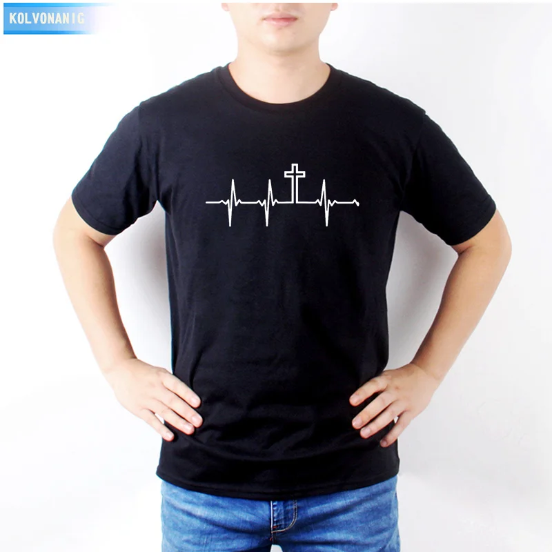 

2018 Men Brand T-Shirt My Heartbeat Is The Christianity Cross Printed Men's T Shirt Funny Cotton Male Tshirts Big Size TO-25