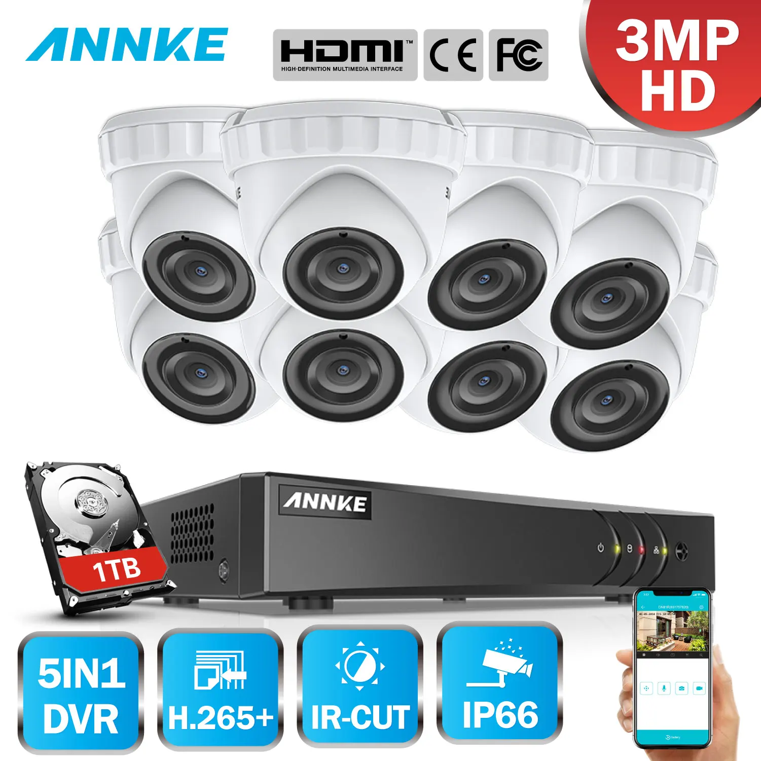 ANNKE 8CH HD 3MP система безопасности 5в1 DVR 8 шт. TVI купол наружная защищенная от