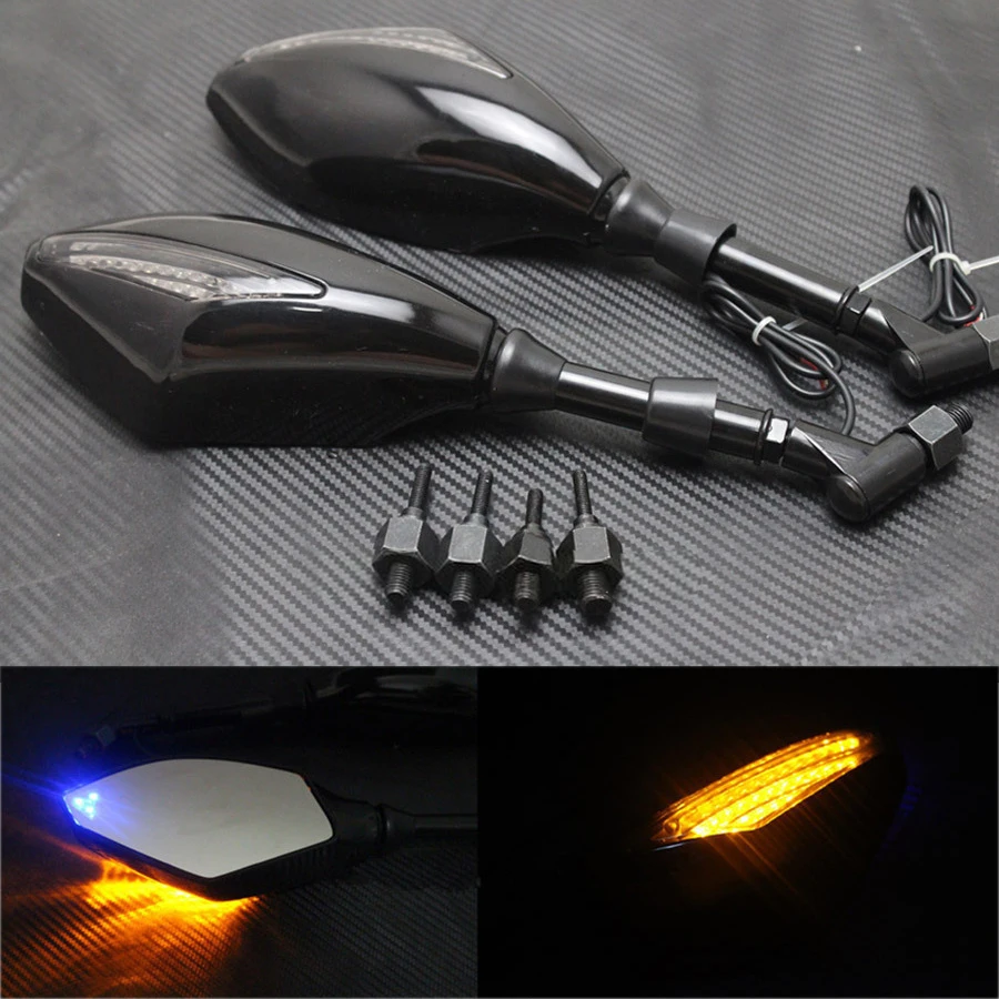 

New Motorcycle Indicator Rearview Side Mirrors & Integrated Blue LED Turn Signals Fit For Street bikes Cruiser Scooters