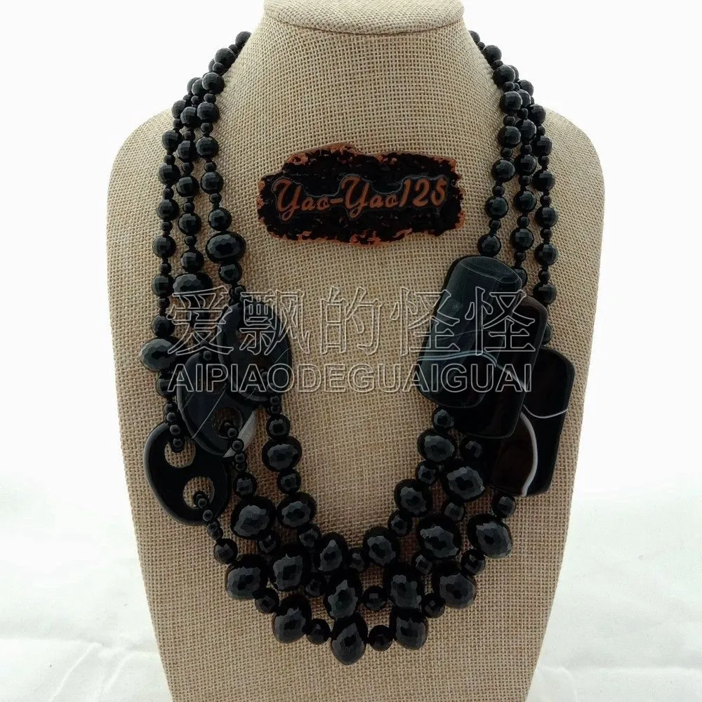 

N071116 20" 3 Rows Multi Shape Onyx Necklace