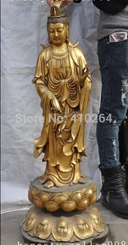 

34"tibet buddhism brass Stand lotus Kwan-Yin Guan Yin Bodhisattva buddha statue