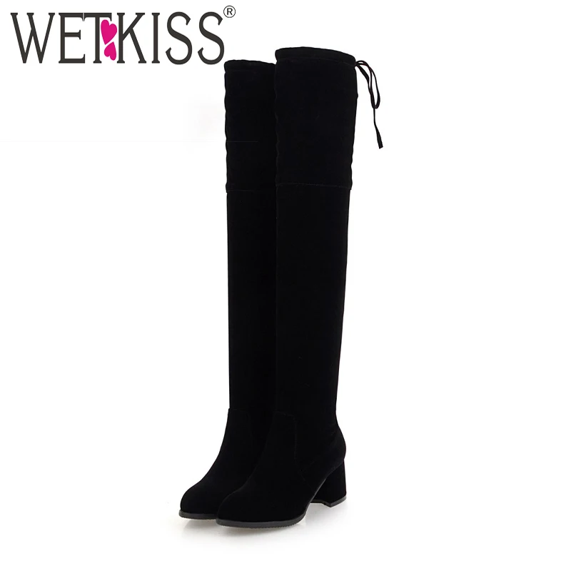 купить WETKISS/зимняя обувь на высоких квадратных каблуках Для женщин
сапоги круглый носок Stretch Boot 2018 стадо резиновая обувь леди над
коленом Теплый Zip ... онлайн