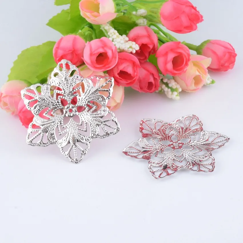 

Free shipping-50Pcs Filigree Flower Wraps Connectors Silver Tone Hollow Gift Decoration DIY 5.7cm x 5cm