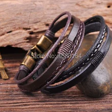 S535 2 шт новая настоящая кожа пенька Плетеная браслет мужской нарукавник бронзовая застежка