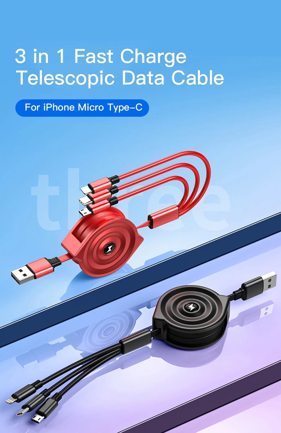 !ACCEZZ 3 in 1 Retractable USB Cable For iPhone XS XR Micro USB Type C TPE Fast Charging For Samsung Xiaomi Huawei Android Phone (5)