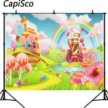 

Capisco photography background colorful candy castle cartoon baby birthday rainbow fairy tale photo backdrop photography studio