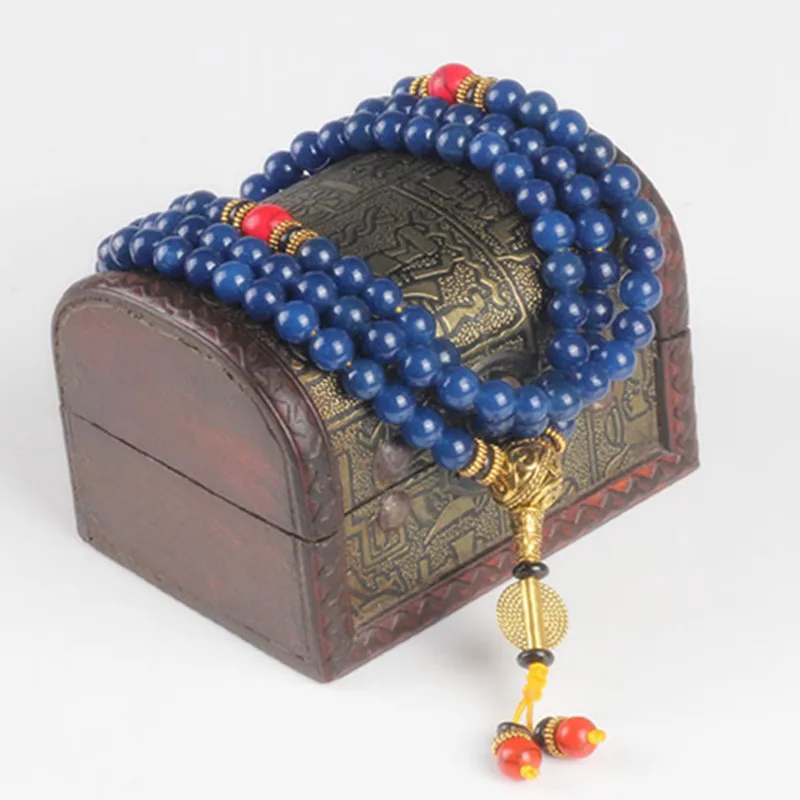 Billige Sennier 8mm 108 lapis lazuli perlen Buddha gebet mala armband für Meditation, blau stein mit Roten Korallen frauen halskette