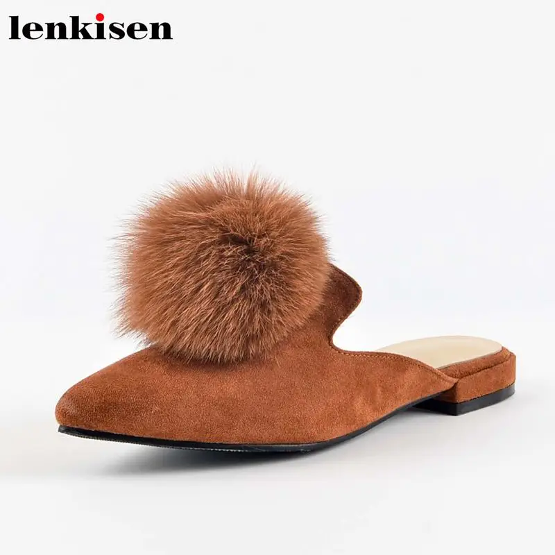

Lenkisen pop kid suede office lady pointed toe faux fur mule solid slip on low soft bottom wedding sweet fairy woman sandals L19
