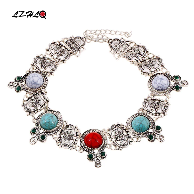 

Vintage Short Choker Necklaces Maxi Metal Plated Collier Necklace For Women Blue Stone Torques 2019 Fashion Brand Jewelry