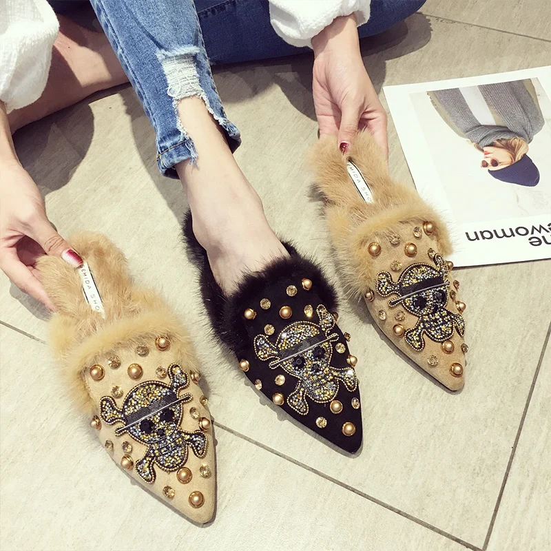 SWYIVY Half Slippers Womam Fur Rivet 2018 Spring Female Fashion Rhinestone Casaul Shoes Pointed Toe Lady Elegnt Mullers Shoes