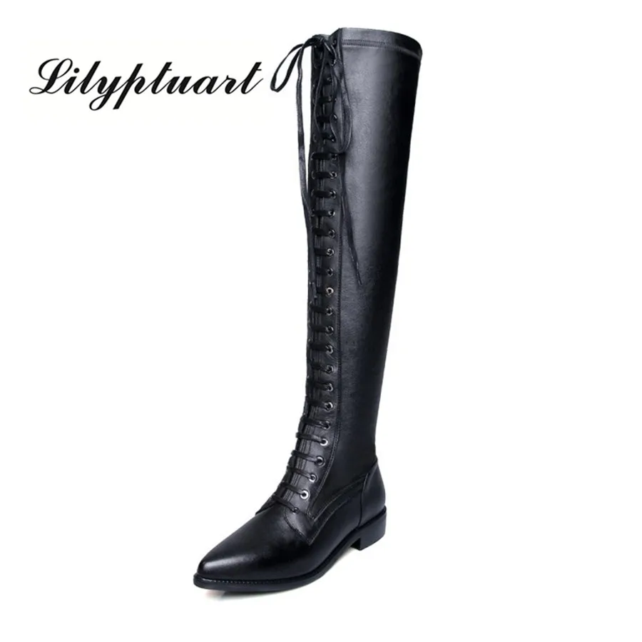 

2019 new British style cowhide material knight boots pointed side zipper with rubber sole over the knee boots women