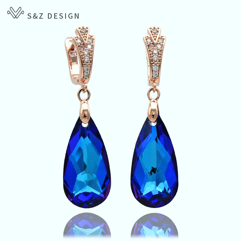 S&Z New 6 Colorful Imitation Crystal Long Water Drop Dangle Earrings 585 Gold Color For Women Wedding Party Gift Jewelry