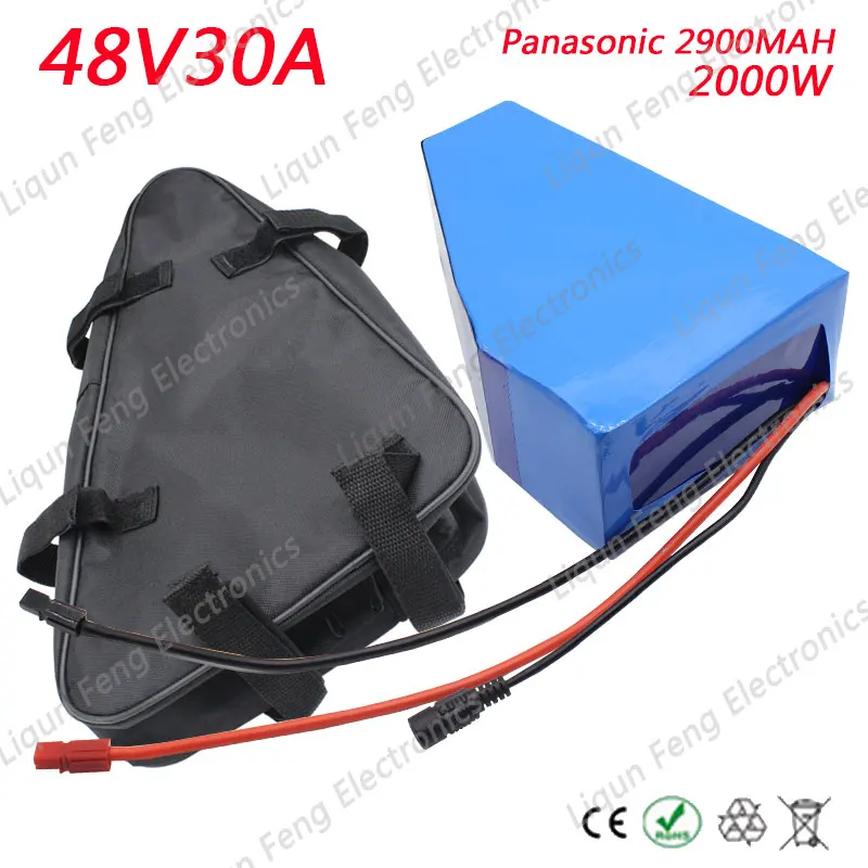 Best 48V 30AH Electric Bike Lithium Battery Pack Use Panasonic 2900MAH cell 2000W 48V 29AH Triangle Battery 50A BMS and 54.6V Charger 0