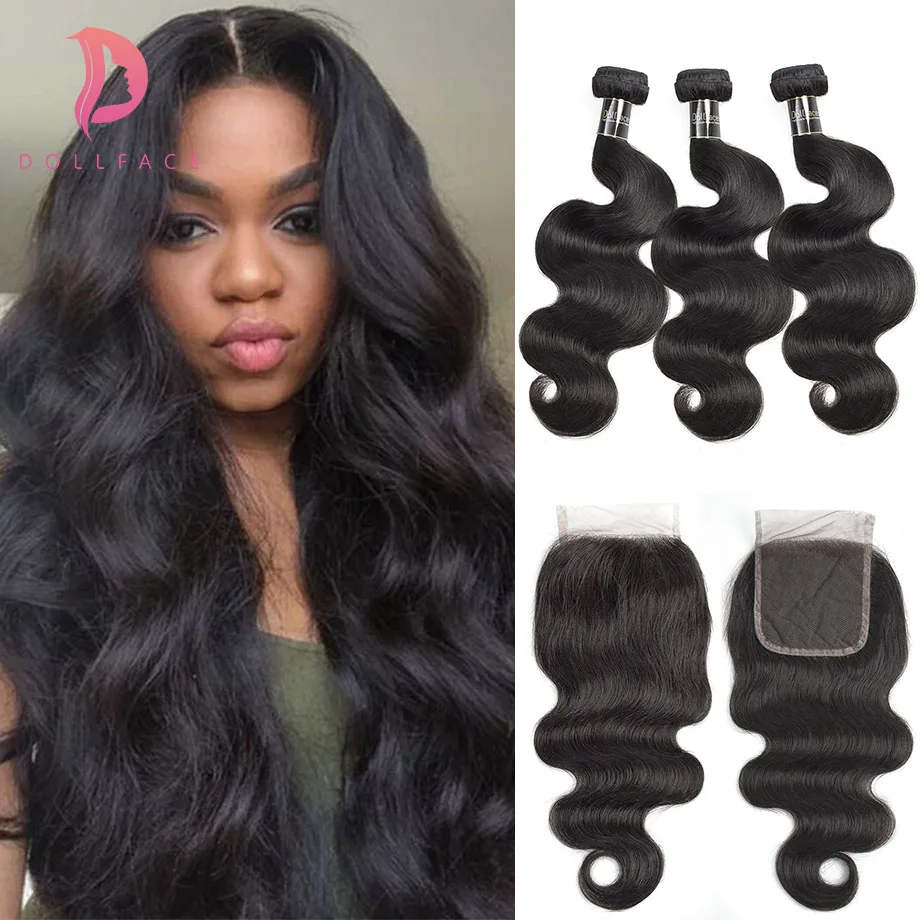

Dollface Malaysian Body Wave 3 Human Hair Bundles With Closure Deal virgin Hair Weave Bundles With Closure Free Shipping