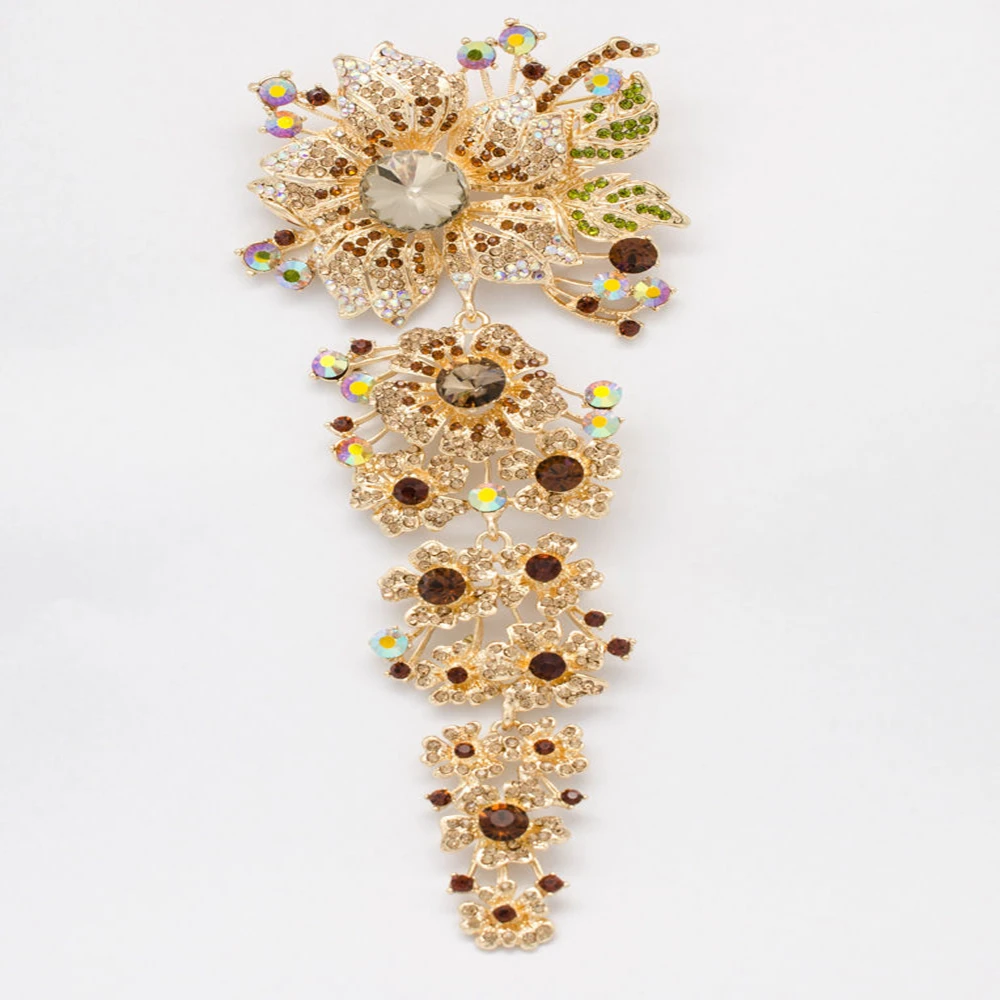 Trendy Bouquet Wedding Long Brooches Brown Rhinestone Crystals Large