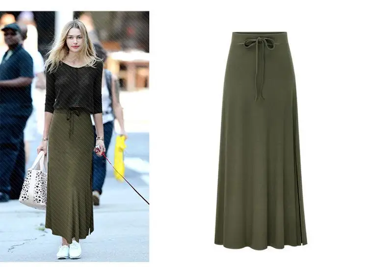 S-6xl Plus Size Summer Solid Knitted Long Pencil Skirt Womens2019 Autumn High Waist Lack Up Black Maxi Skirt For Women - Цвет: Green