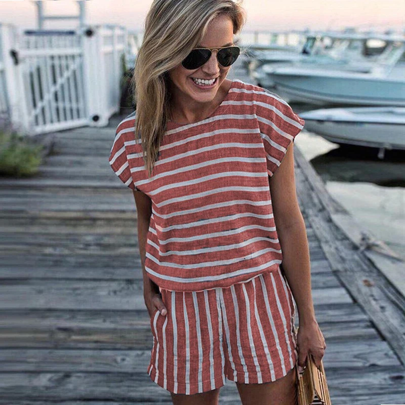 CROPKOP Short Sleeve Striped Losse Casual Summer Rompers Womens Jumpsuit Short 2018 Sexy Backless Boho Playsuits One Piece Tops