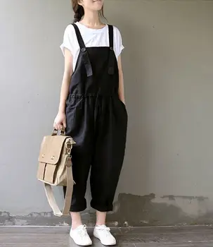 

2016 New Spring Full Length Solid Pockets Loose Suspender Trousers Fashion Plus-Size Black Harem Pants For woman