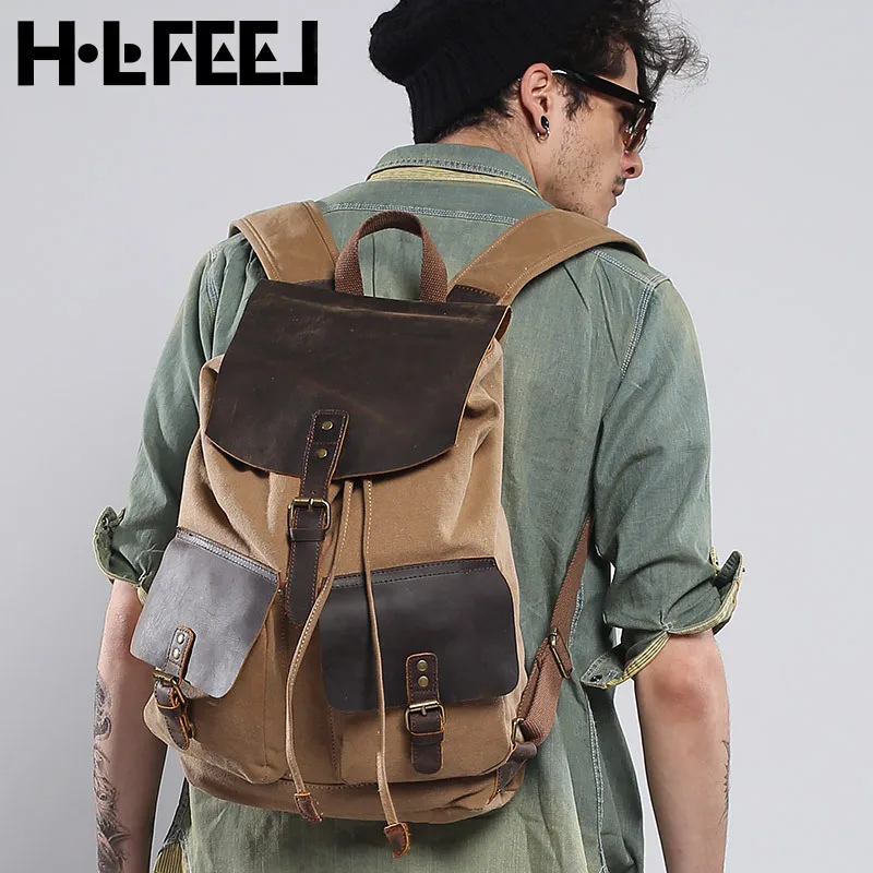 

2019 FREE SHIPPING men's fashion canvas backpacks travel bags school rucksack vintage casual cylinder knapsack cowhide