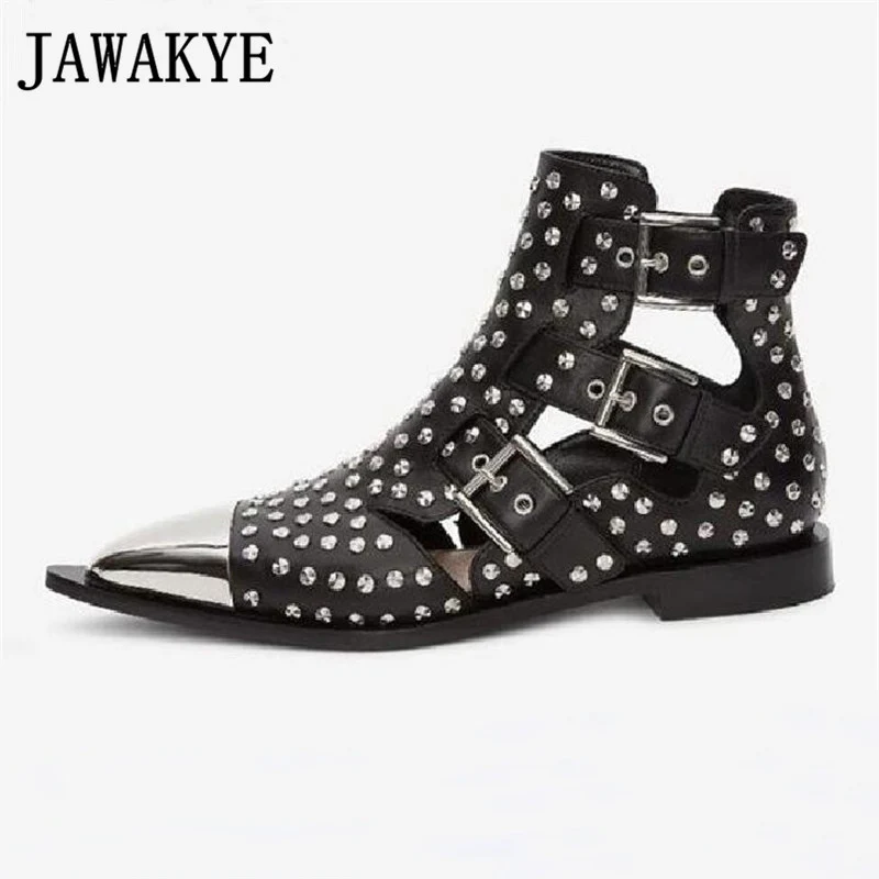 

Runway Rivets Genuine Leather Cut Outs Ankle Boots Women Metal Pointed Toe Square Med Heels Shoes Woman Belt Buckle Short Boots