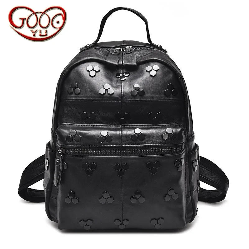 

Ladies fashion black and white sheepskin backpack solid color rivets youth fashion