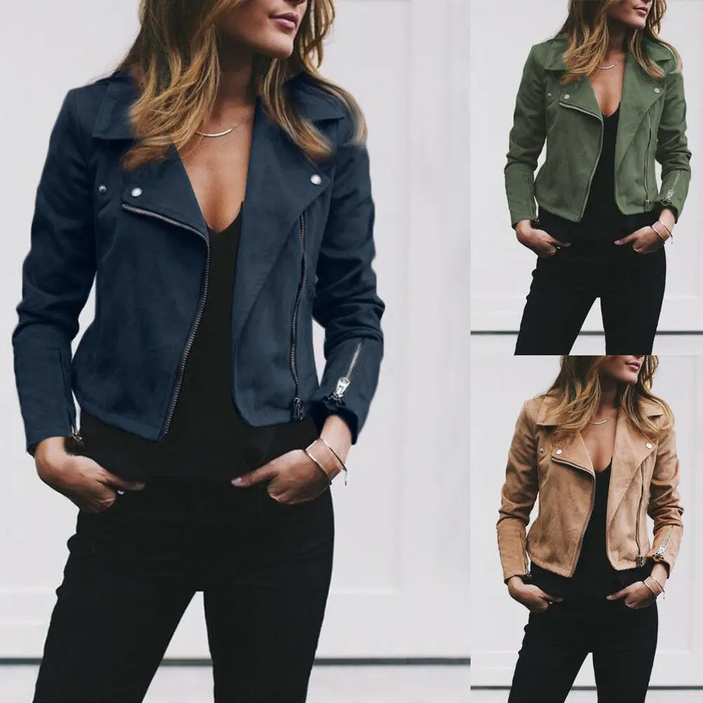 

New Fashion Women's Ladies Suede Fannel Jacket Flight Coat Zip Up Biker Casual Tops Clothes