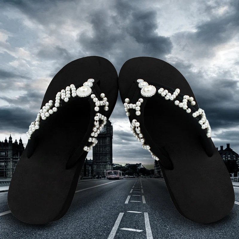 

2019 EUR 35-41 Yeshitop Handcraft OEM Letter Flip Flops Platform Wedges for Women Beach Sandals Female Slippers Slides