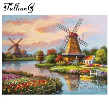 

FULLCANG full square/round drill diy 5d diamond painting "windmill landscape" embroidery rhinestone cross stitch kits gift FC167