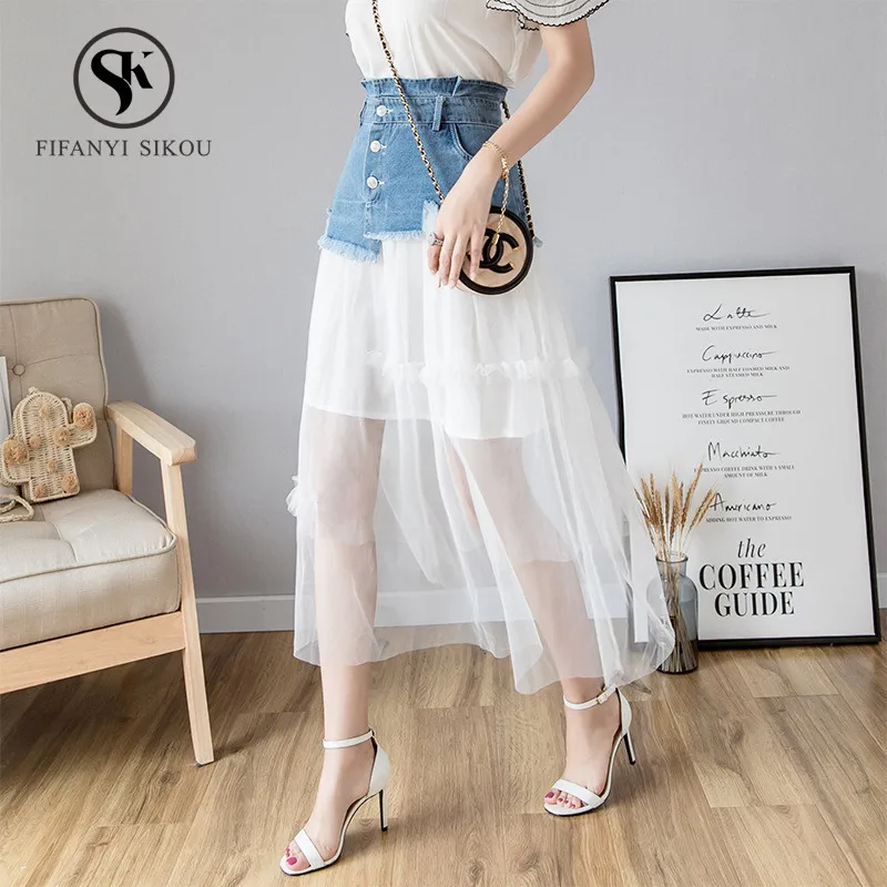 

2019 Summer Women's High waist Denim Skirts Fashion Mesh Spliced Sweet Jeans Skirt women Korean style Casual A-Line Long Skirt