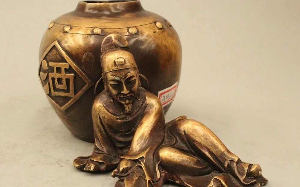 

7"Marked China Chinese Folk Bronze wine jar Drunkard Poet Statue Pot Vase